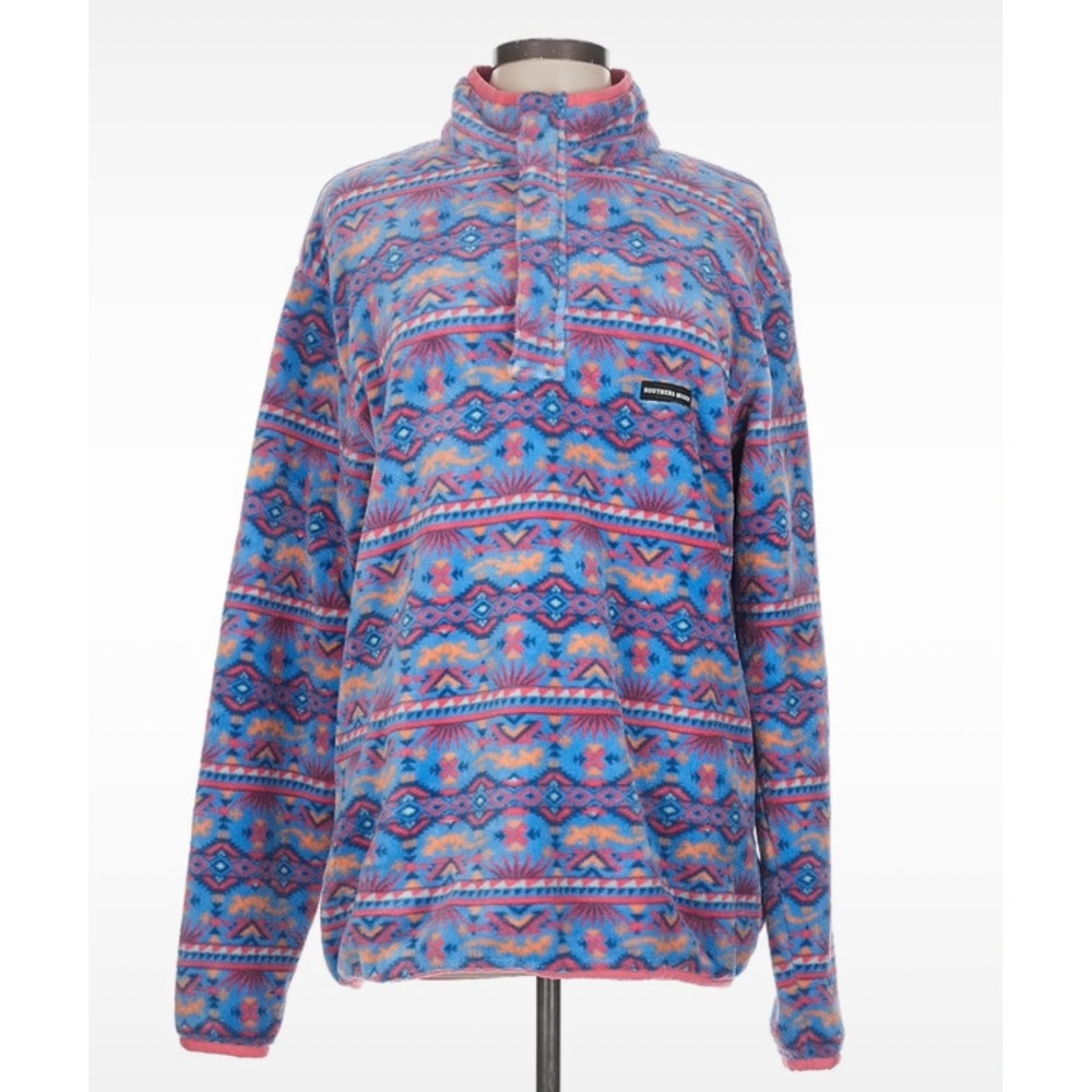 Southern Marsh Mens Blue Pink Aztec Southwestern Fleece Quarter Snap Pullover